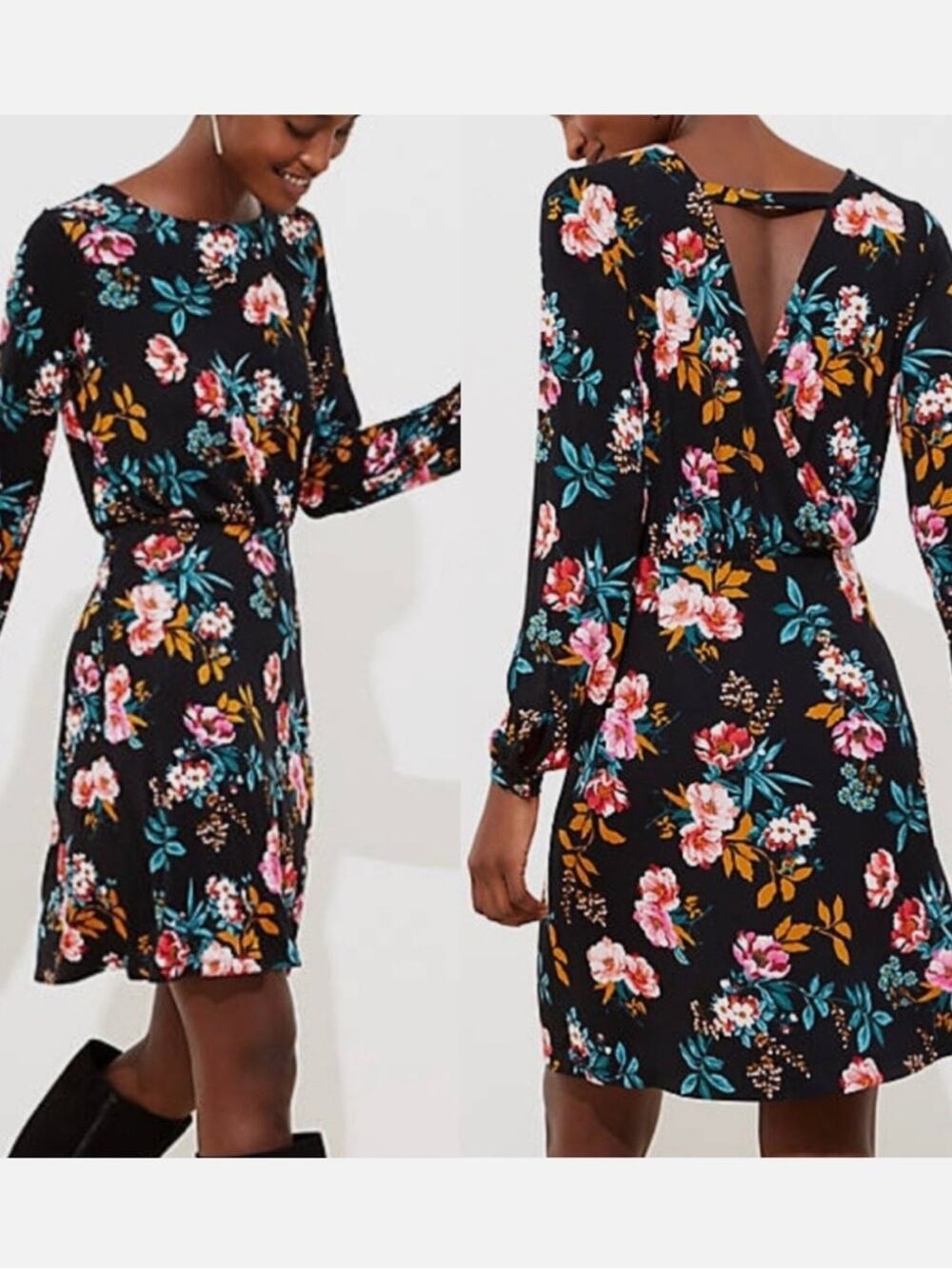 LOFT Woman’s 2 Black Long-Sleeve Floral A-Line Dress - Pink Green Gold Accents